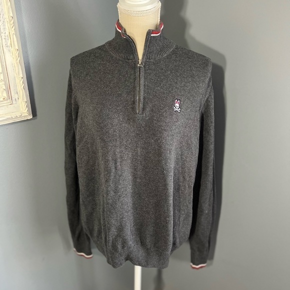 Psycho Bunny 1/4 Zip Pullover Sweater Mens Medium Gray Mock Neck Pima Cotton - Picture 7 of 7